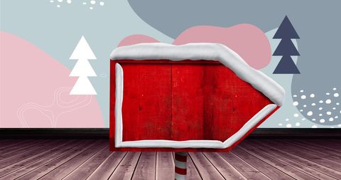 Red Wooden Christmas Sign with Snow Over Blue Holiday Background
