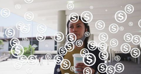 Businesswoman with Coffee and Digital Dollar Symbols Overlay