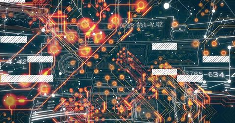 Pulsing Neon Circuit Network Showing Glowing Nodes, Traces, Data Flow and Topology
