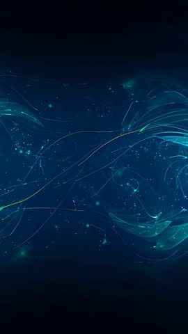 Vertical futuristic loop with glowing lines flowing and converging among drifting particles