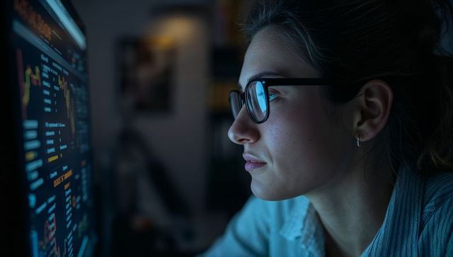 Woman wearing glasses analyzing financial dashboard on monitor late night focused profile