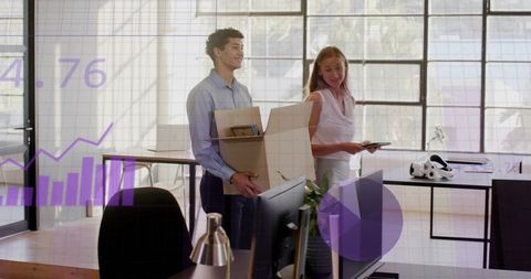 Professionals moving into modern open office with digital charts and collaboration tools