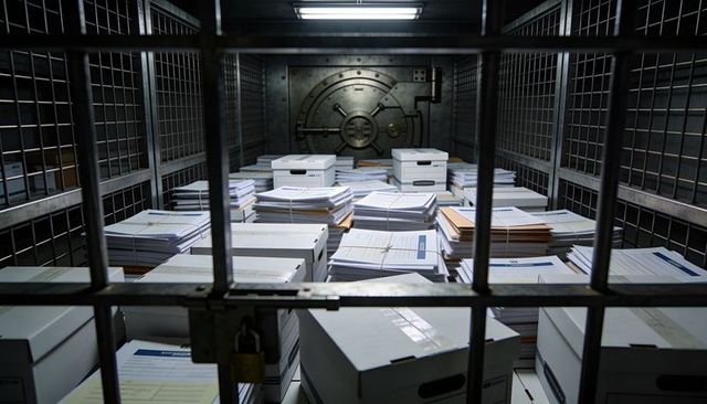 Storing confidential documents in padlocked steel vault cage with archival boxes