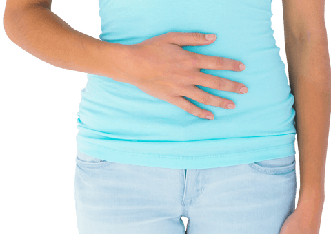 Transparent background woman touching stomach for digestive health concept