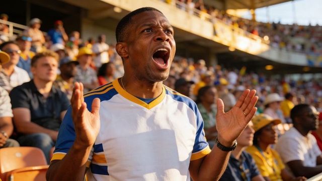 Passionate stadium fan shouting and cheering during sunlit outdoor football match