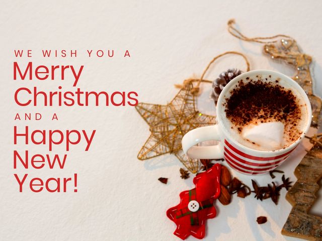 This festive design features a warm Merry Christmas and Happy New Year message paired with Christmas decorations and a cup of hot chocolate. Ideal for holiday greeting cards, festive social media posts, or seasonal advertisements. Evokes feelings of warmth and holiday cheer, perfect for spreading happiness during the holiday season.
