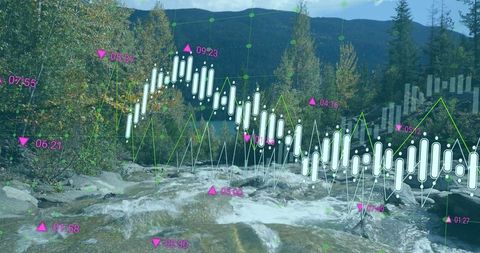 Futuristic Market Data Overlay on Rolling Mountain Stream Landscape