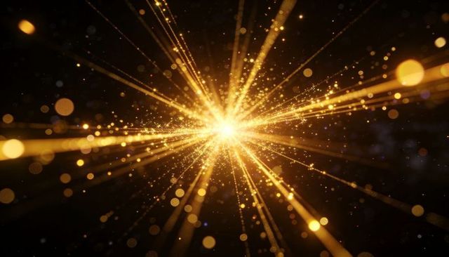 Radiant golden burst with sparkling particles and bokeh rays for abstract energy background