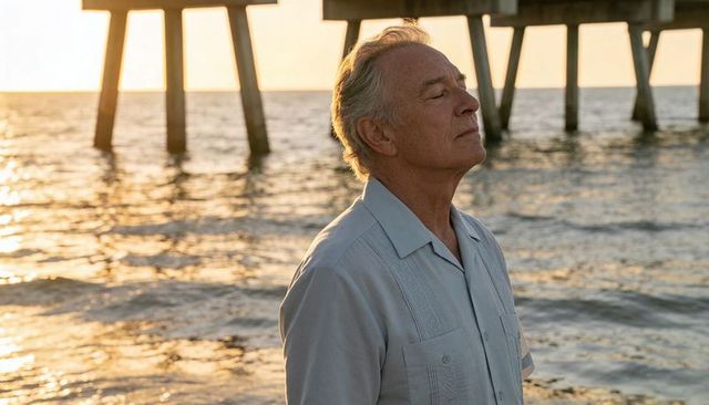 Senior man standing by pier at sunrise enjoying serene ocean breeze and quiet reflection