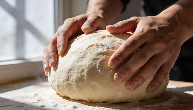 Sunlit Hands Kneading Artisan Bread Dough on Floured Wooden Board for Homemade Loaf