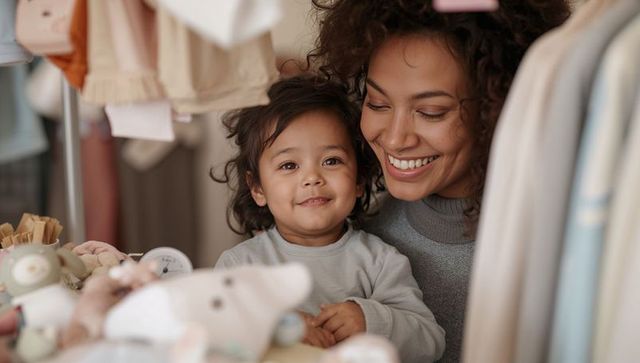 Mother and toddler smiling while touching plush toys in pastel boutique