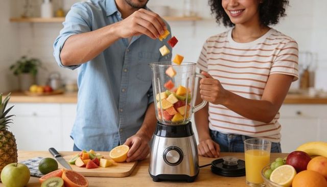 Couple preparing colorful fresh fruit smoothie together on wooden kitchen countertop