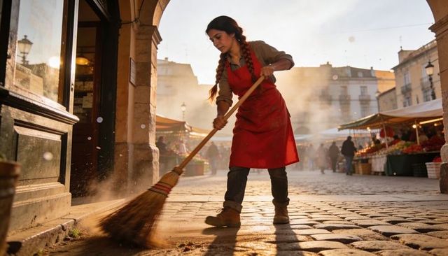 Woman sweeping cobblestone market with straw broom at golden hour under stone archway