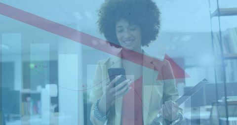 Woman Analyzing Downward Arrow Reports in Business Office