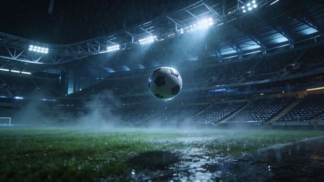 Hovering soccer ball over rain-soaked stadium pitch under floodlights at night