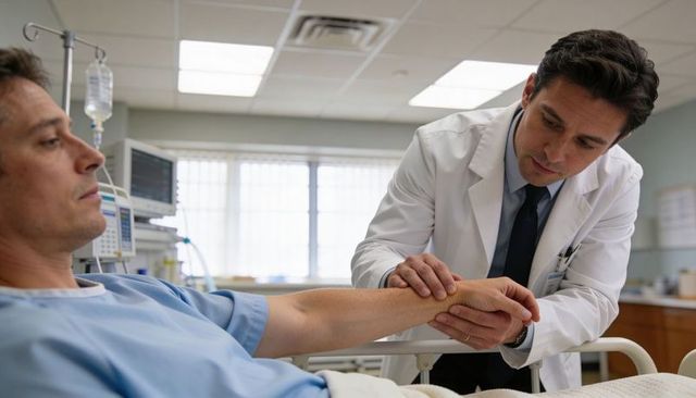 Physician checking patient wrist at hospital bedside with iv monitor and clinical care