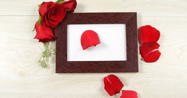 A wooden picture frame is surrounded by vibrant red rose petals and full roses, with copy space. It evokes a romantic or commemorative mood, often associated with Valentine's Day, anniversaries, or memory keeping.