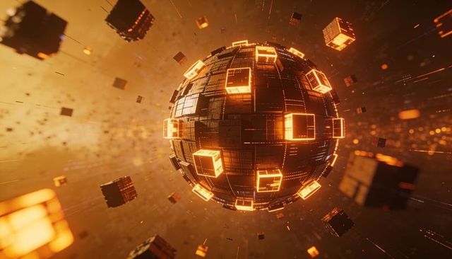 Glowing futuristic data orb emitting cubes and digital panels in dark sci-fi void