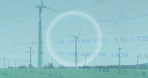 Renewable Energy Analytics Overlay Wind Turbines and Data Graphics