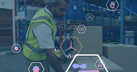 Warehouse worker wearing hi-vis vest handling boxes with pallet jack and AR logistics overlays