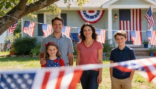 Family celebrating independence day in front yard with american flags and bunting