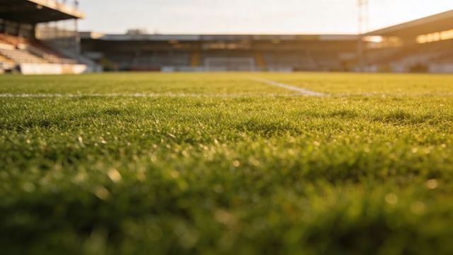 Sunlit soccer pitch grass shimmering at golden hour, close-up turf with white line