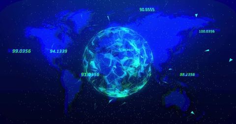 Polygonal Neon Globe Visualizing Global Data Streams with Telemetry on Futuristic HUD