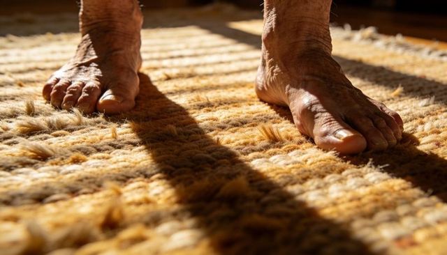 Senior feet standing on textured woven rug casting warm sunbeam shadows for home care