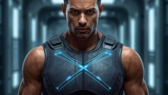 Muscular tactical operative standing futuristic corridor wearing armored vest with neon blue x