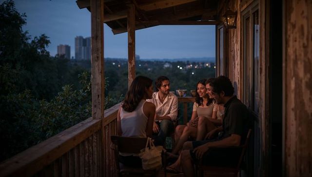 Friends chatting on rustic wooden porch at dusk with city skyline and warm lantern light