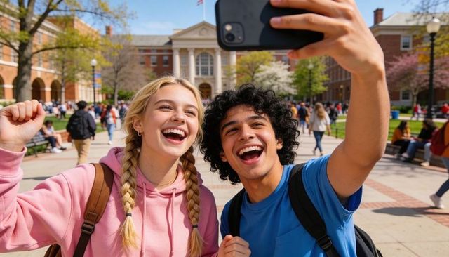 University students taking selfie on sunny campus quad laughing with backpacks