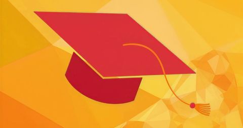 Red Graduation Cap Floating over Warm Orange Polygon Background for Education Success