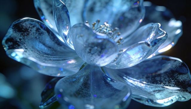 Glowing cyan glass flower sculpture macro, iridescent crystal petals with glitter