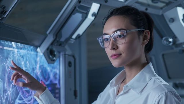 Female engineer analyzing interactive data visualizations on futuristic touchscreen