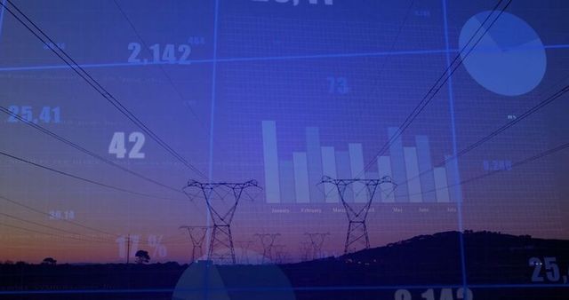 Power Lines Stretching Over Rural Landscape with Digital Data Overlay