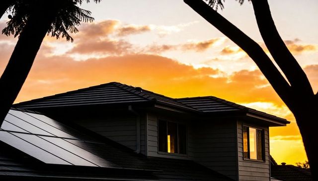 Sunset-lit Suburban Two-Story Home with Solar Panels and Warm Upstairs Window Silhouette