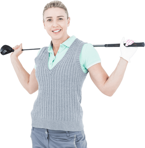 Transparent Woman Holding Golf Equipment Relaxed Pose