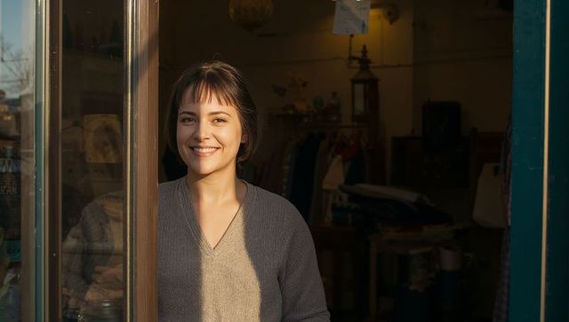 Smiling woman in gray cardigan standing at glass door of sunlit boutique during golden hour