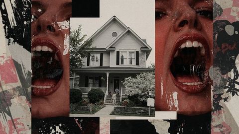 Surreal Collage with House and Overlapping Glossy Lips