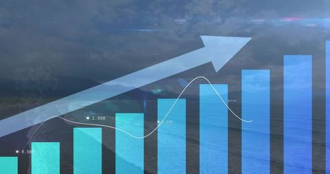 Coastal business growth visualization showing transparent bar chart, upward arrow, trend line