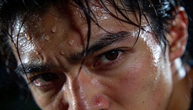 Sweating Asian male facing intense close-up portrait, droplets on skin and wet hair
