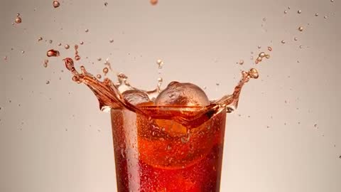 Ice Ball Dropping Into Carbonated Red Drink Creating Dramatic Crown Splash Slow-Motion