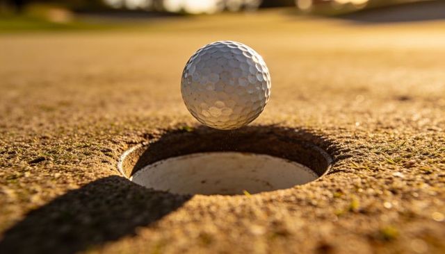 Golf ball rolling into cup on putting green at golden hour closeup dramatic low angle