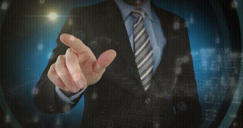 Businessman in Suit Pointing at Digital Interface with Binary Code
