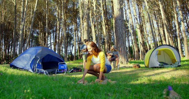 Friends Camping in Forest Setting Up Campsite in Woodland Area - Download Free Stock Images Pikwizard.com