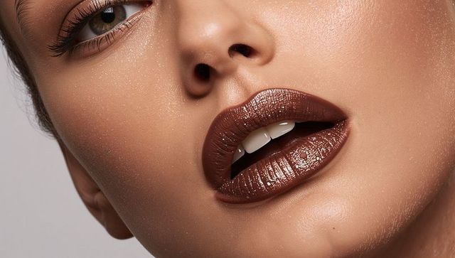 Featuring metallic brown lipstick on glossy lips with shimmering skin and long lashes