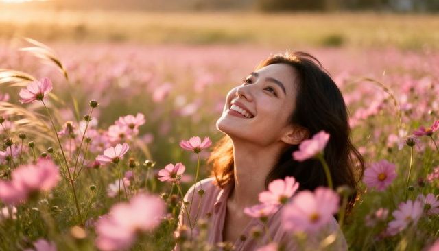 Smiling woman basking in golden-hour light among pink cosmos meadow, joyful portrait
