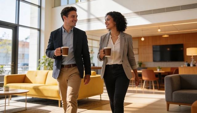 Business colleagues walking and smiling holding takeaway coffee in modern office lounge