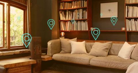 Cozy Rustic Living Room with Beige Sofa, Bookshelves and Teal Location Pins for Smart Home