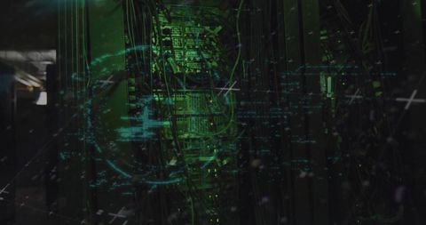 Glowing Green HUD Overlay on Central Server Rack Showing Futuristic Network Monitoring